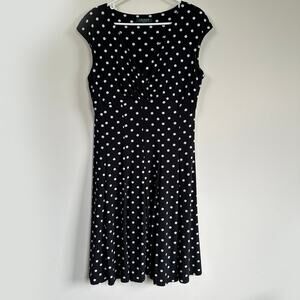 Lauren Ralph Lauren Dress V-Neck Short Sleeve Fit & Flare Black Polka Dot Sz Med